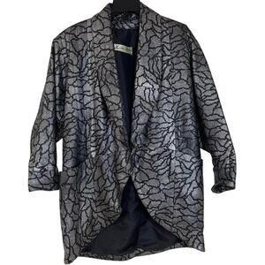 VTG Lillie Rubin Black & Silver Leather Jacket Size 4 Slip Pockets Tuxedo Collar